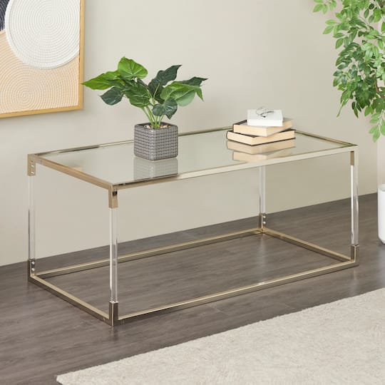 46" Silver Metal Minimalistic Open Framed Living Room Coffee Table with Clear Glass Top & Acrylic Legs